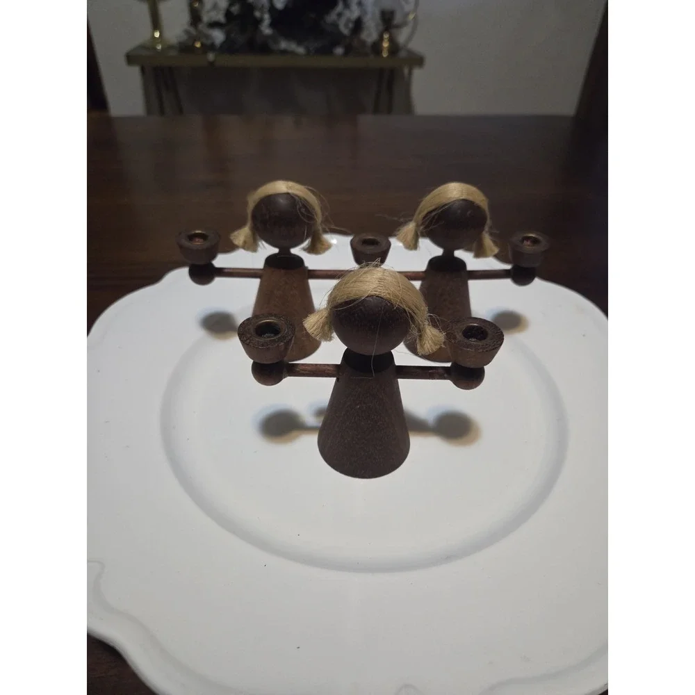 vintage Erzgebirge GDR wooden candle holder, Faceless Children